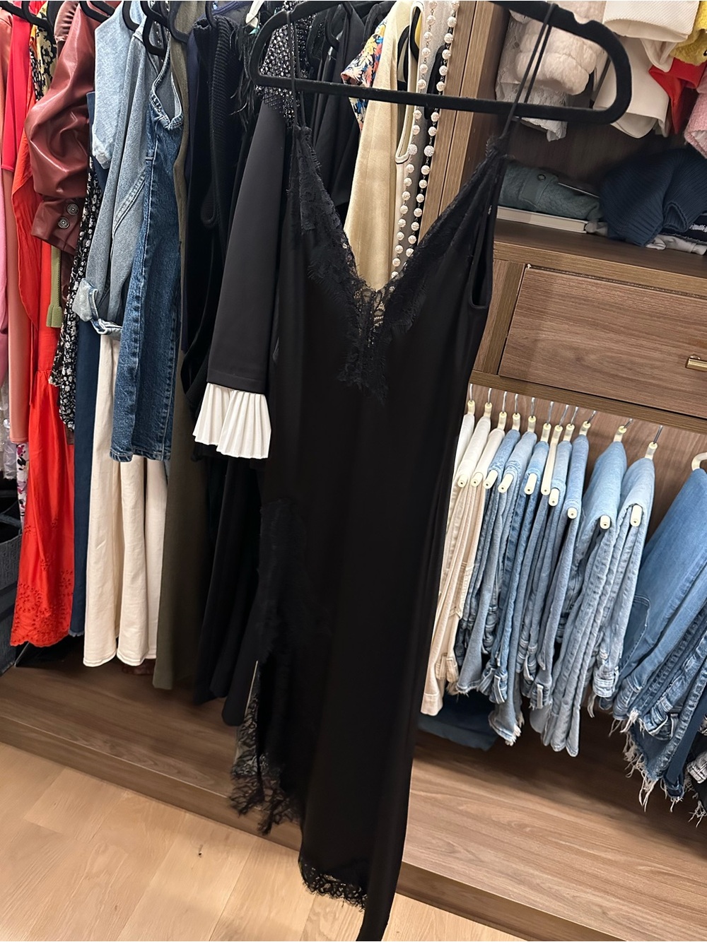 Zara Black Lace-Trim Slip Midi Dress